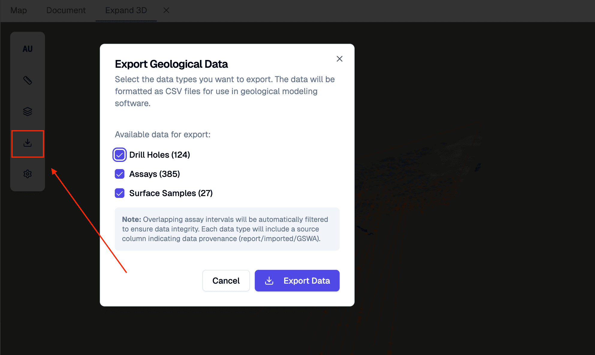 Exporting drill and assay data from the 3D viewer